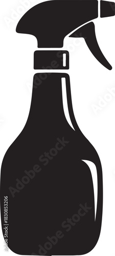 A simple black silhouette of a spray bottle with a trigger mechanism ideal for cleaning or gardening applications