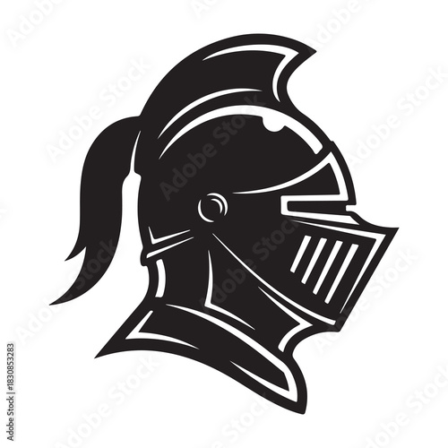 Iconic silhouette of a knight s helmet with a plume and visor in black and white