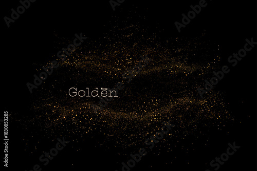 Isolated design component, exquisite golden frame of shiny tinsel on black background.