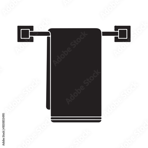 Simple black silhouette of a folded towel hanging on a modern wall mounted towel bar
