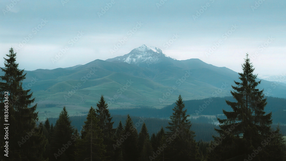 Obraz premium Mountain landscape with evergreen trees