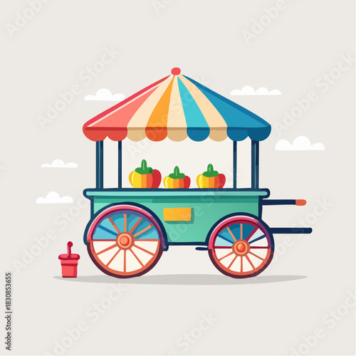 Colorful Vintage Food Cart with Striped Awning and Seasonal Produce Displayed Under a Bright Sky