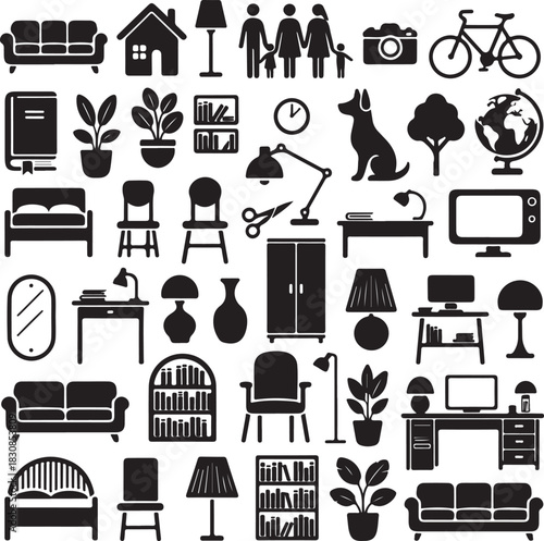Collection of household objects and furniture silhouettes for design