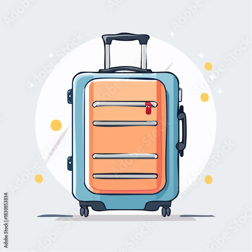 Blue and Orange Rolling Suitcase With Multiple Zipped Compartments and Telescopic Handle Ready for Travel Against a Circular White Background with Sparkles
