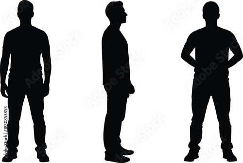 Detailed male silhouette set, standing figure showcasing front view, side profile, and hands-behind-back posture, black isolated outline on a clean white background.
