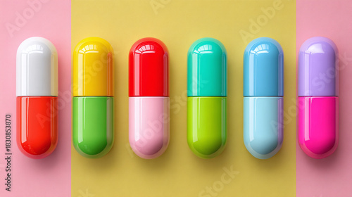 A colorful array of pills arranged against vibrant backgrounds, symbolizing health and medication