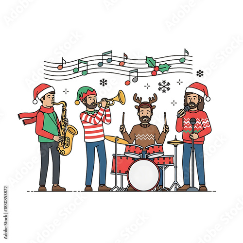 A lively holiday band performs music with instruments and festive energy.
