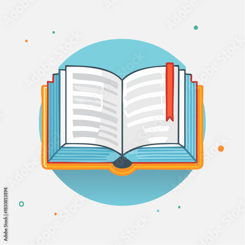 Open Book With Red Bookmark Displaying Pages And Orange Cover Against A Teal Circular Background With Small Orange And Teal Dots