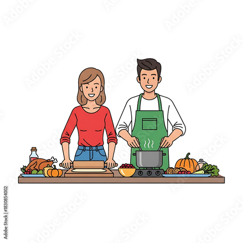 A couple cooks holiday treats together in the kitchen.