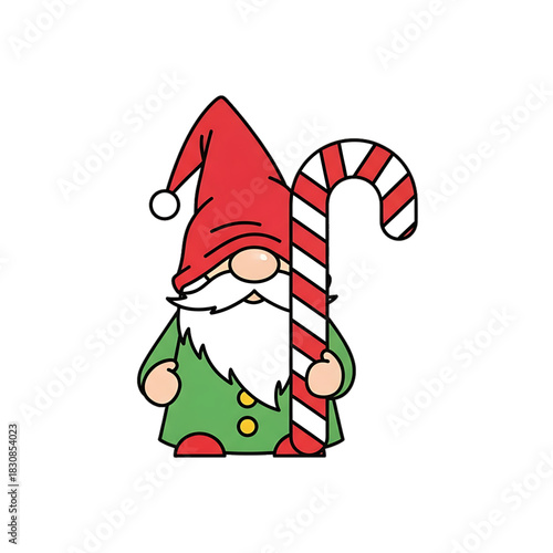 A small gnome holds a giant holiday candy cane and smiles.