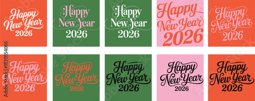 Set of 2026 Happy New Year logo text design. 2026 number design template. Collection of 2026 Happy New Year card, cover, poster. Vector illustration with labels isolated on colorful background. 