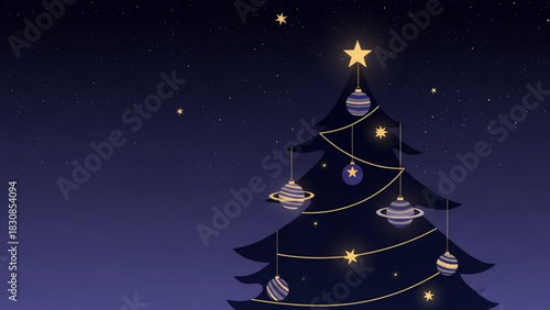 Christmas tree with ornaments and star in night sky holiday season festive december celebration image design
