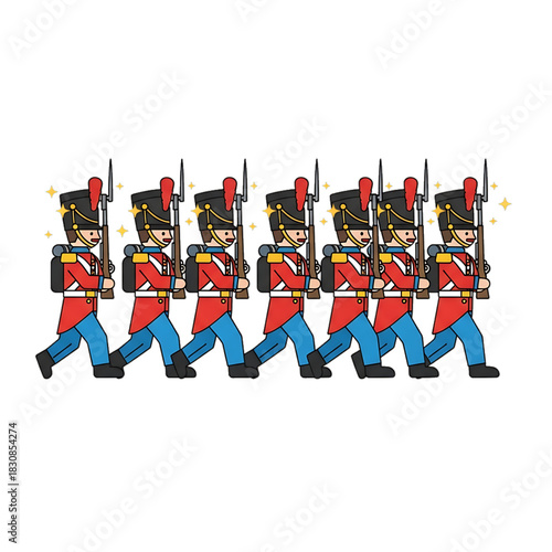 A lone woToy soldiers march in perfect formation.lf howls toward the sky in a snowy setting.