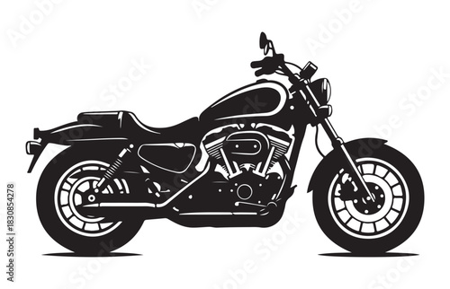 Classic american style cruiser motorcycle silhouette with detailed engine and wheels