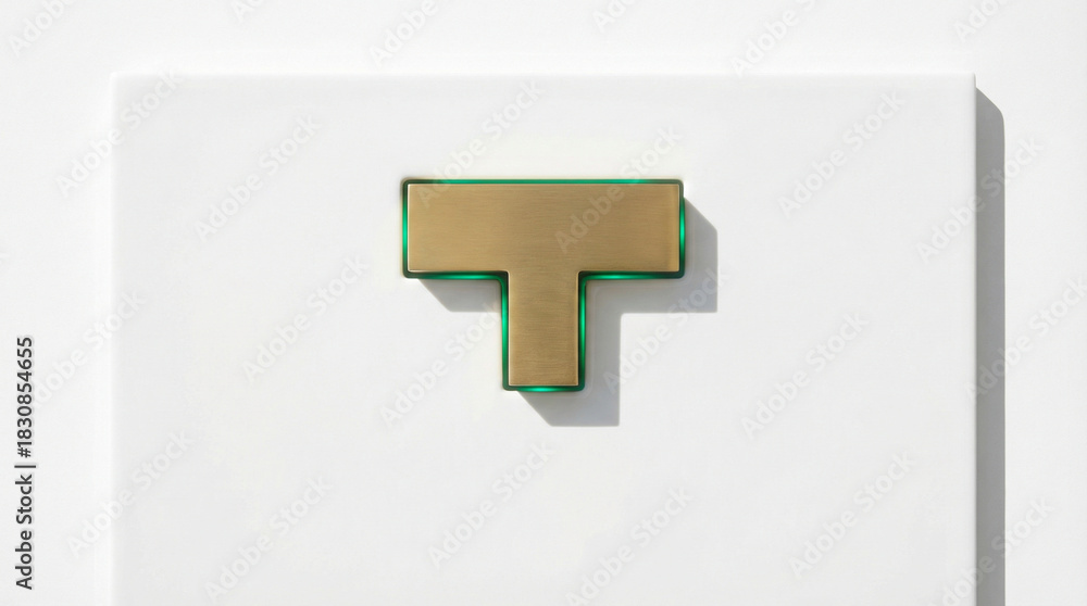 Fototapeta premium Solid brass T-shape block fitting into matte white ceramic slot with green light. 