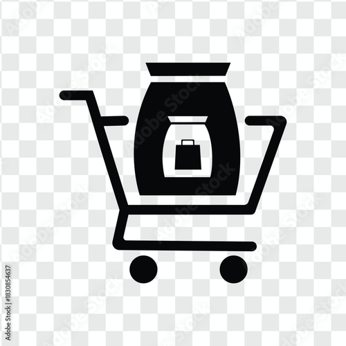 Shopping cart icon with a large bag of goods inside, representing bulk purchase or grocery delivery