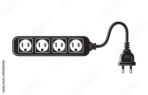 Black electrical power strip with four outlets and a plug connected by a flexible cord