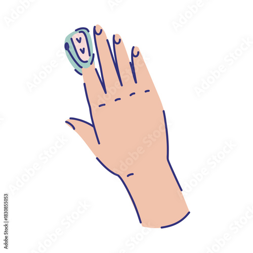 Measuring pulse and blood oxygen saturation levels with a pulse oximeter, a white hand with device