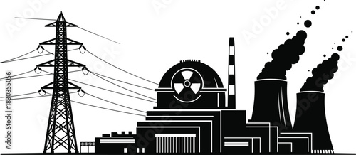 Black Silhouette Vector of Nuclear Power Plant, Cooling Towers with Smoke, Reactor Building, and Transmission Pylon, Energy Industry, Cad Drawing Flat