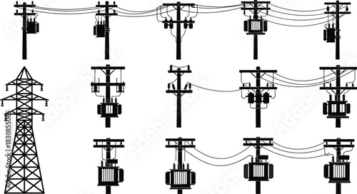 Collection of Utility Pole Silhouettes with Transformers and Electrical Tower, Electricity Distribution Grid Elements, Power Supply Set, Cad Drawing Flat Vector
