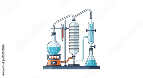 Vector illustration of a chemistry laboratory distillation apparatus with a flask, condenser, and burner for a scientific experiment