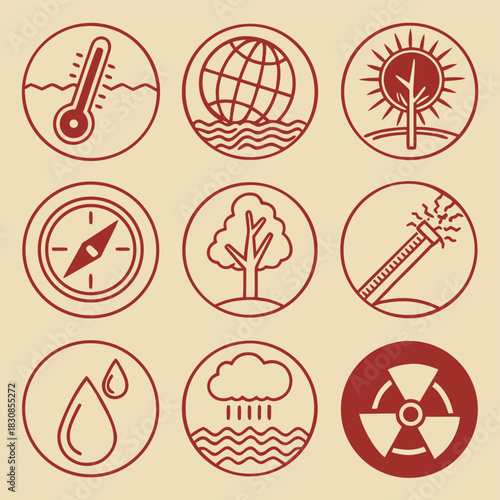 Set of nine environmental and climate change concept icons in a circular line art style on beige background
