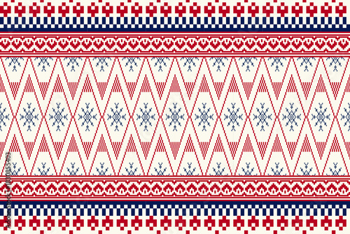 Seamless geometric pattern . pixel pattern. Design for clothing fabric textile ornamentation embroidery Hand stitched pattern . cultural stitching pixel art , Cross stitch pattern.