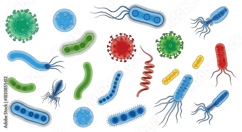 Diverse collection of bacteria and viruses in various shapes and forms, a scientific illustration