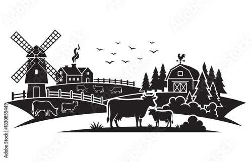 Serene silhouette of a rural farm scene featuring a windmill barns and grazing livestock under a flock of birds