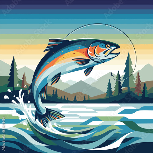 Fish swimming in the ocean with a fishing boat illustration