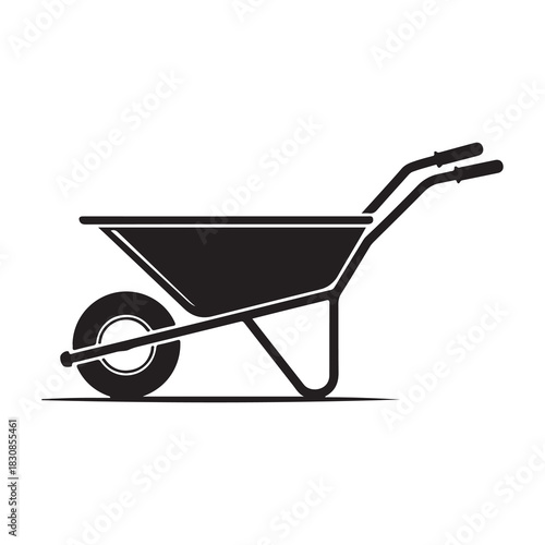 Simple black silhouette of a garden wheelbarrow with a single wheel and two handles for transport
