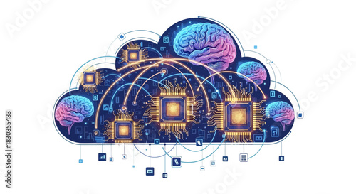 AI-powered cloud network visualizing advanced data processing, machine learning, and interconnected intelligent systems for digital innovation and future technology