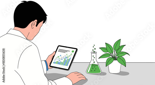 Scientist Examining Growth Chart on Tablet Next to Beaker with Bubbling Liquid and Plant