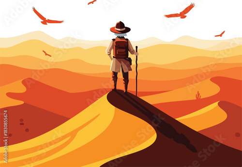 Hiker standing on mountain top with scenic landscape