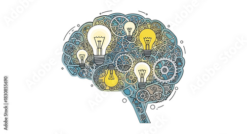 Conceptual illustration of the human mind as a complex machine with gears and glowing lightbulbs symbolizing creativity and innovation