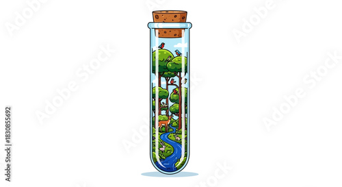 Surreal illustration of a vibrant forest landscape with a flowing river and house, all contained within a scientific test tube