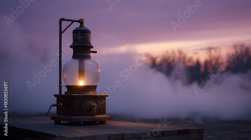 A vintage distillation apparatus glows with internal flame amidst dawn fog and purple sky