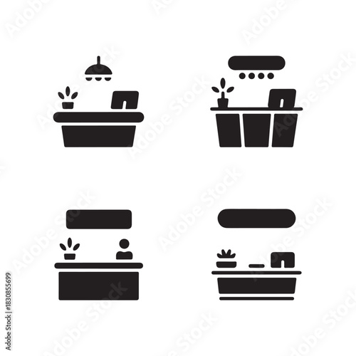 Reception Desk Solid Icons Set for Workplace Front