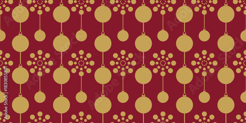 Seamless pattern combining Christmas baubles and geometric snowflakes on dark red backdrop. Perfect for seasonal textile designs, packaging, and festive decor