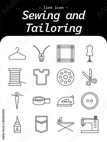 Sewing and Tailoring thin line icon set. Needle, thread, scissors, fabric, patterns, and garment making outline icon collection.