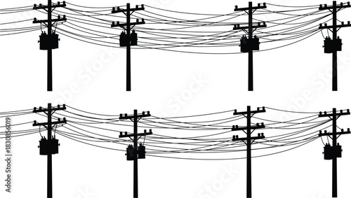 Dense Utility Poles with Transformers and Overwhelming Tangled Wires Vector Silhouette, Complex Electrical Distribution Grid, Power Supply, Cad Drawing Flat Illustration