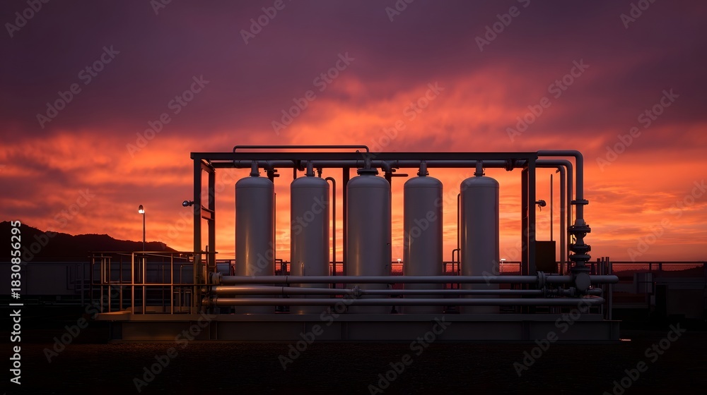 Fototapeta premium Industrial plant tanks under a vibrant crimson sunset sky at dusk
