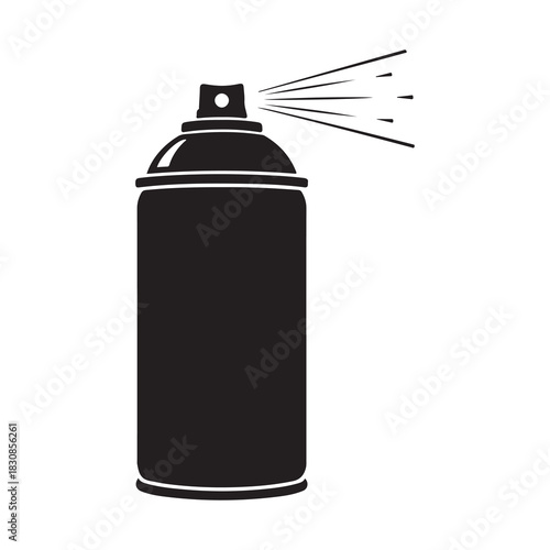 Black silhouette of a spray paint can emitting a fine mist of particles against a white background