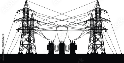 Detailed Electrical Substation Silhouette with Two Transmission Towers, Complex High-Voltage Wire Network, Energy Grid Hub, Cad Drawing Flat Vector Illustration