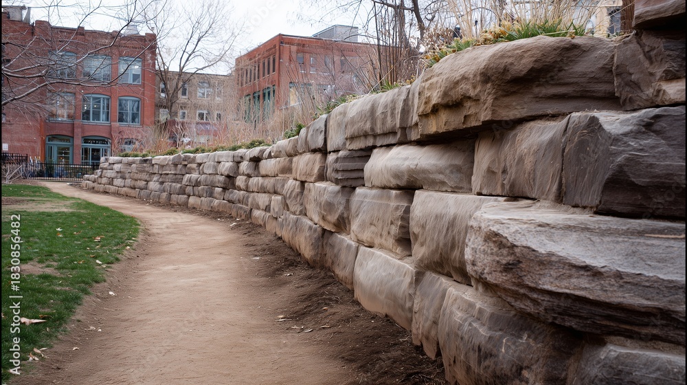 Fototapeta premium Segmented stone retaining wall with drainage detail beside footpath in urban landscape, illustrating geotechnical slope support and stormwater management.