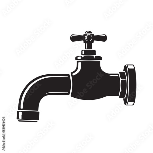 Classic black silhouette of a vintage water faucet with a curved spout and cross handle