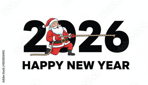 Old bearded Santa Claus He is kneeling and appears to be pulling the number "2" from the year "2026" with a string