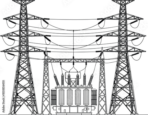 Detailed Line Art of Large Electrical Transformer and Twin High-Voltage Power Transmission Towers, Substation Equipment, Cad Drawing Flat Vector Outline