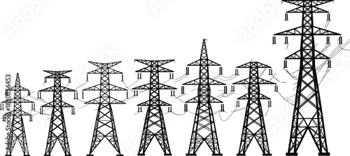 Diverse Array of High-Voltage Electric Transmission Tower Silhouettes, Power Grid Infrastructure Variety, Pylons and Insulators Vector, Cad Drawing Flat Illustration