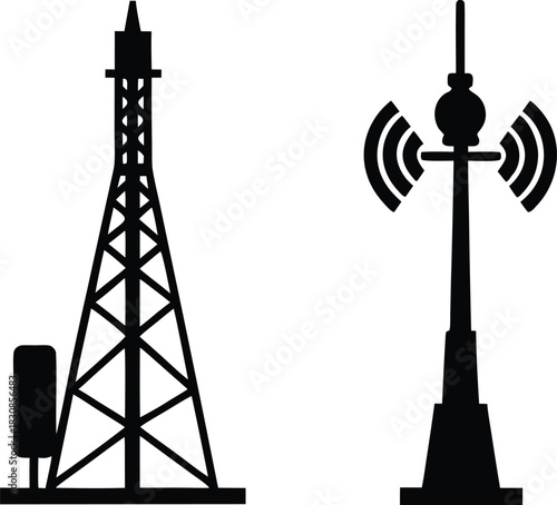 Cell tower and streetlight, telecom infrastructure clip art, antenna pole silhouette vector illustration